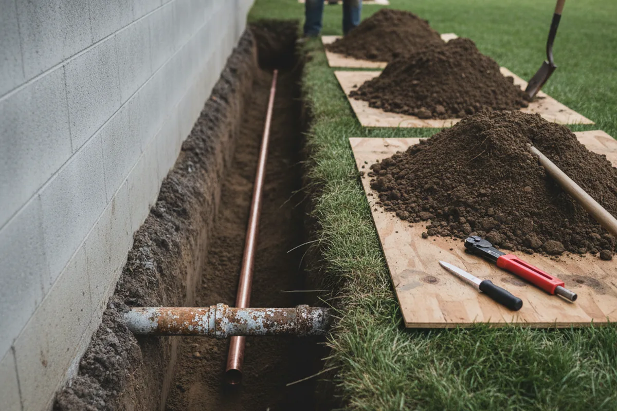 Excavated water line trench during Sewer Line Repair in Highmount